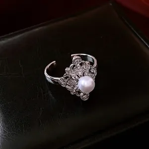 French style flower open ring with baroque hollow pattern, white pearl and zircons