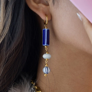 Retro Blue Ceramic Stainless Steel Dangle Earrings For Women Gold Plated Bohemian Porcelain Bead Drop Earrings Jewelry Gift