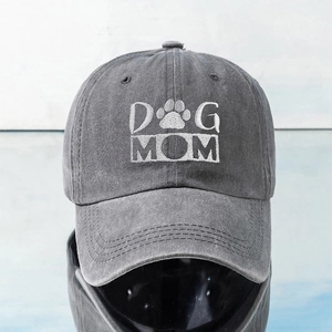Vintage washed grey cotton baseball cap featuring white DOG MOM embroidery and paw print
