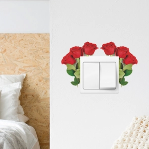 Elegant red rose wall sticker surrounding a white double-switch in a bedroom setting