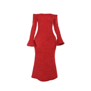 Elegant red off-shoulder slim fit maxi dress with faux fur texture and bell sleeves