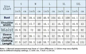 Detailed size chart for printed long shirt dress with measurements in cm and inches