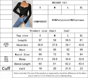 Detailed size chart for long sleeve square neck lace t-shirt in cm with measurements