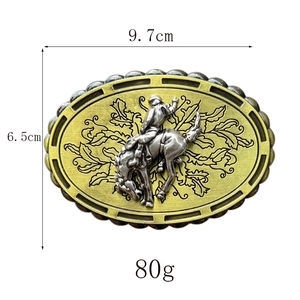 Detailed view of horse riding belt buckle with size specs 9.7cm by 6.5cm