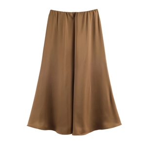 Elegant high-waist brown satin A-line midi skirt with a smooth drapey finish on white background