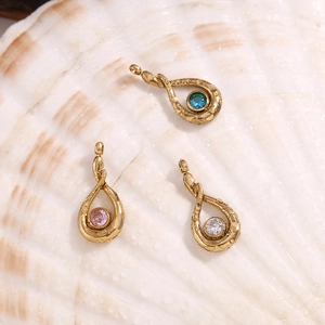 Three teardrop 18K gold-plated pendants with blue, pink, and white zircons on shell