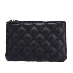 Classic black quilted PU leather coin purse with diamond pattern and silver zipper