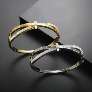 Fashion Titanium Steel Roman Numeral Bangle Rhinestone Inlaid Crossover Double Layer Bangle Bracelet For Women Jewelry Gift