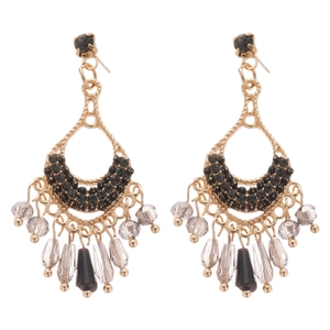 Vintage bohemian gold teardrop earrings with black rhinestones and grey beaded tassels