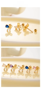 Detail showing five colors of bowknot zircon ear studs with screw ball backings