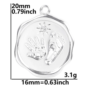 Detail view showing dimensions of silver geometric handprint footprint pendant necklace