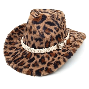 Leopard Print Faux Fur Western Cowboy Hat Warm Wide Brim Winter Jazz Fedora With Braided Rope For Women Men