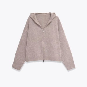 Women Hooded Knit Jacket Zip Up Cardigan Long Sleeve Polyester Casual Loose Solid Outerwear