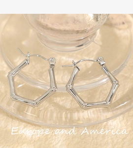 Macro view of silver hexagonal bamboo-style stainless steel earrings on glass
