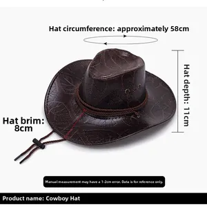 Brown straw cowboy hat detail showing 8cm brim and 58cm circumference measurements