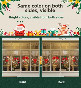 Close-up of double-sided Christmas window stickers with snowman and reindeer designs
