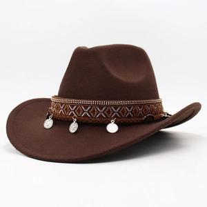 Dark brown wool cowboy hat featuring ethnic braided band and silver coin pendants