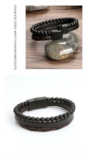 Detail of multi-layer leather braided bracelet with obsidian beads and stainless steel clasp