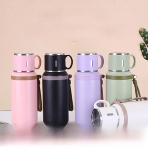 Five assorted colors of matte 316 stainless steel vacuum flasks with portable straps