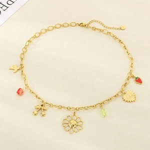 Gold stainless steel necklace featuring colorful daisy, strawberry, and cherry pendants