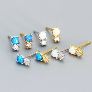 925 Sterling Silver Synthetic Opal Stud Earrings Minimalist Geometric Cubic Zirconia Inlaid Jewelry For Women