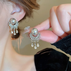 Elegant silver drop earrings with grey pearls and crystal tassels for a luxury aesthetic