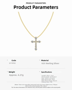 Detailed specs of S925 sterling silver cross necklace with 5A zircon and 18K gold plating