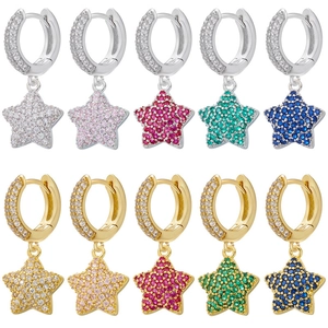 Star Dangle Hoop Earrings Micro Pave Zirconia Copper Huggie Drop Jewelry For Women Chic Fashion Colorful Starry