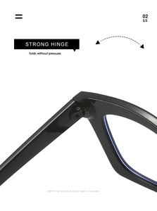 Detail view of reinforced metal hinges on vintage square black acetate glasses frames
