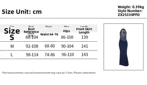Detailed size chart for lace halter evening gown including bust and waist measurements
