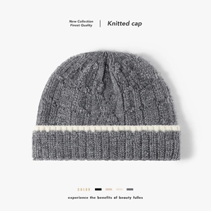 Knitted Beanie Hat Faux Rabbit Fur Warm Thickened Cable Knit Contrasting Stripe Outdoor Winter For Men Women