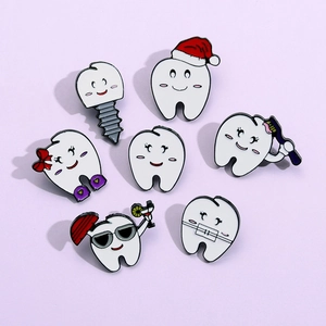 Set of 7 cartoon enamel tooth pins in creative medical designs with white finish