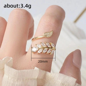 Sparkling zircon leaf open ring in gold finish adjustable wrap ring for women