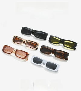Detailed grid of rectangular sunglasses in six retro colors including leopard and white