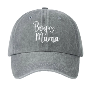Washed grey cotton baseball cap featuring Boy Mama embroidery and adjustable metal buckle
