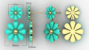 Detailed size chart for 18k gold turquoise daisy flower earrings with mm measurements