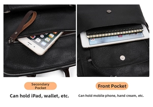 Detail of the front pocket with magnetic closure and side zipper pocket for iPad