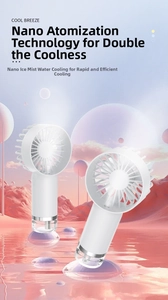 Close-up of portable misting fan with nano spray technology and white minimalist design