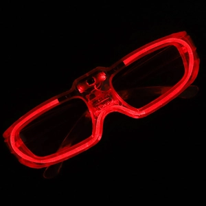 Detailed close-up of red LED shutter glasses showing the battery compartment and switch