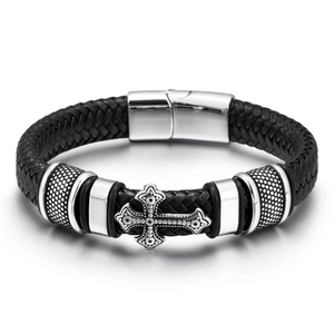Handcrafted black braided leather bracelet for men featuring a silver cross and magnetic clasp