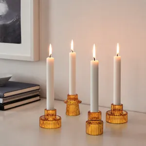 Ribbed Glass Candlestick Holder Vertical Stripe Decorative Candle Base For Taper Candles Romantic Table Home Decor Vintage Style