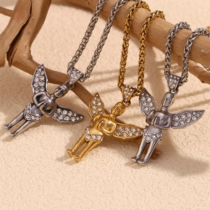 Praying Angel Pendant Necklace Stainless Steel Rhinestone Wheat Chain Hip Hop Fashion Jewelry For Men