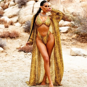 Three-piece snakeskin print bikini set with long beach cover-up robe for women