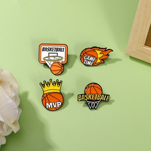 Set of 4 basketball enamel pins featuring Game Time and MVP designs on metal alloy