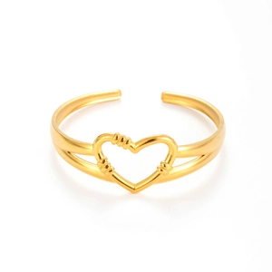 Adjustable wide stainless steel cuff bracelet with hollow heart and leaf details