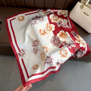 Elegant floral print square silk scarf for women in red and white colors