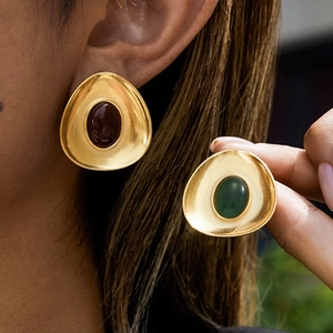Classic 18K gold plated stainless steel geometric earrings with red inlaid stones