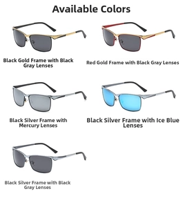 Detailed grid of polarized square metal sunglasses in various lens and frame colors