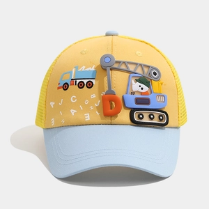 Detailed view of kids mesh baseball cap featuring 3D cartoon truck and breathable fabric