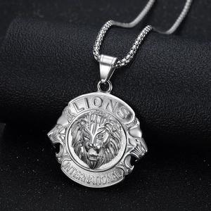 Silver hip hop necklace with Lions International lion head relief on round pendant